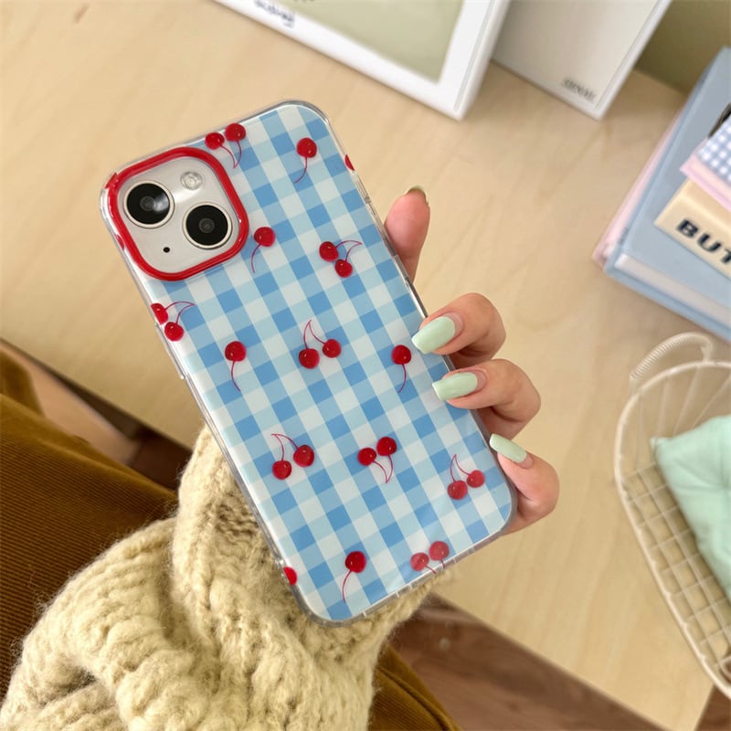 ■韓国ファッション■ スマホケース 財布付き チェック柄 全3色 ブルー×レッドがおしゃれさん◎さくらんぼ チェック柄 韓国