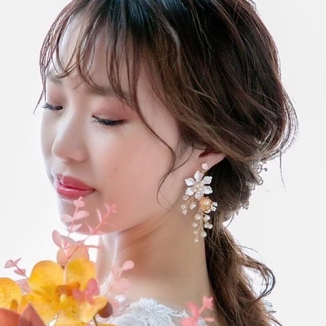 E-066 ウェディング アクセサリー【小枝 パール フラワー イヤリング(or ピアス選択) 】ブライダル 小物