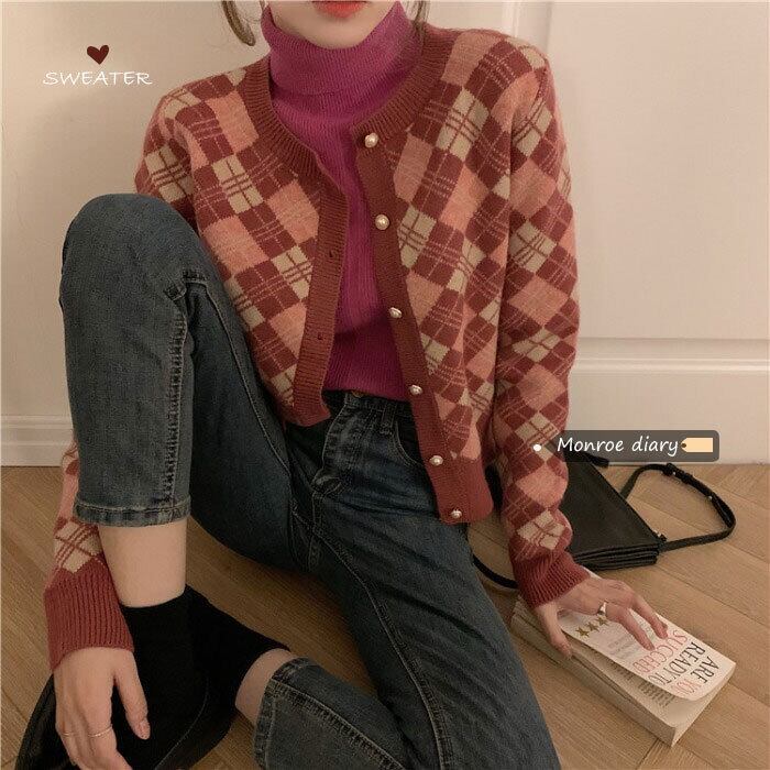 格子柄カーディガンセーター ルーズニットジャケット ウィンタースタンダードショートトップス レトロ 冬物 モンロー78087895617