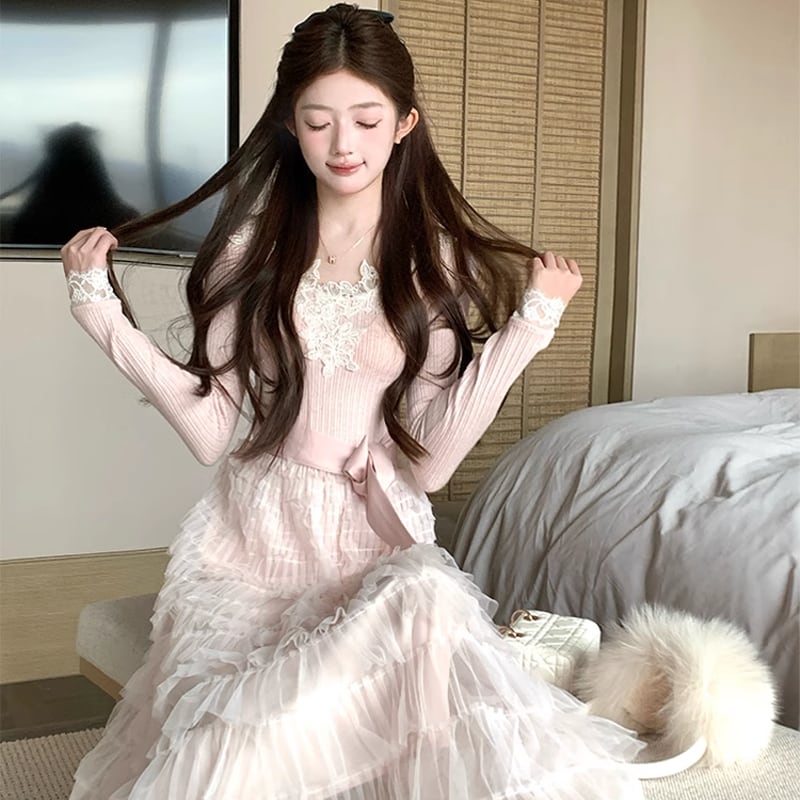 【dress】レース付きニットドッキングチュールワンピース Q7646