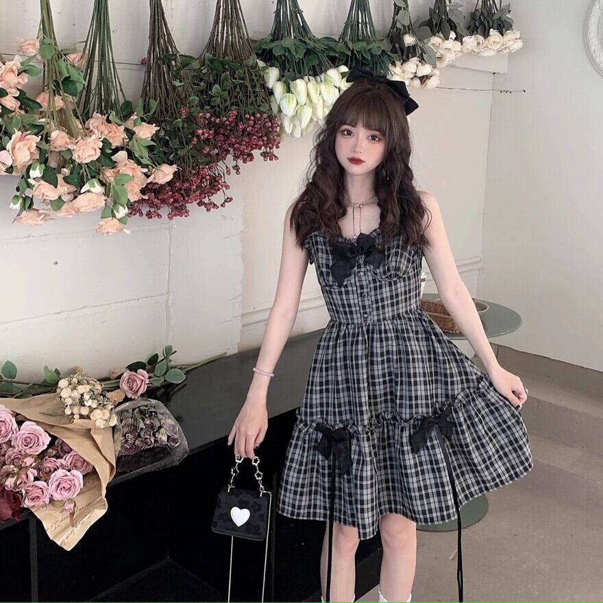 ノースリーブ ワンピース チェック柄 リボン かわいい 服 普段着使い