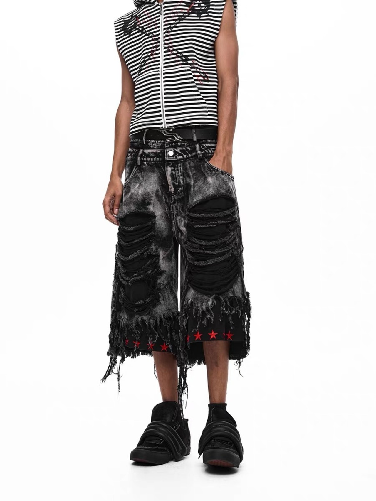【STARTEXCEEDEND】DOUBLE WAIST DISTRESSED FRINGE JORTS