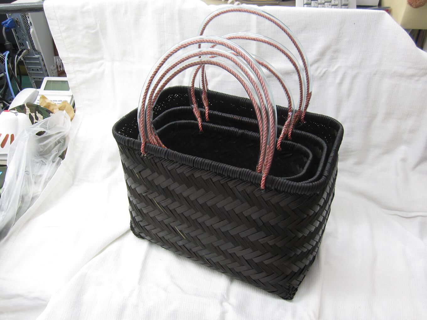 120762-00　竹製買物カゴ3コ組黒塗り