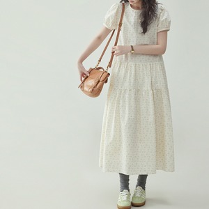 french bubble short sleeve floral long dress
