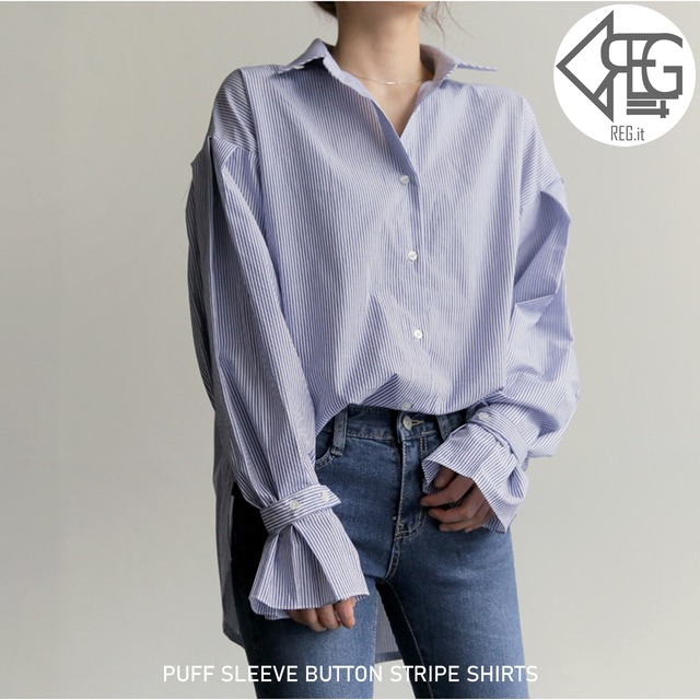 【REGIT】【即納】PUFF SLEEVE BUTTON STRIPE SHIRTS 韓国ファッション ブラウス シャツ ストライプ 縦じま トップス 20代 30代 着回し ボリュームスリーブ ワンポイント アンバランス アシンメトリー