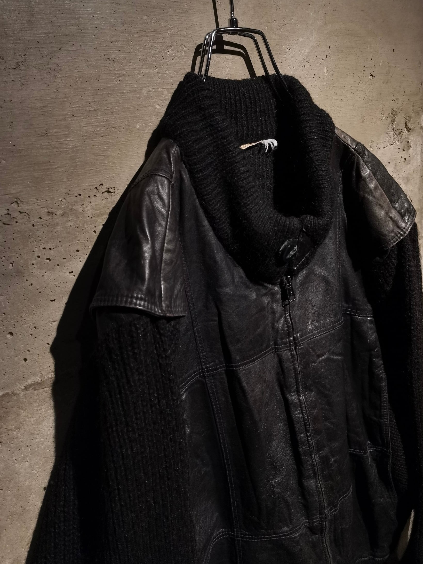 Caka】Leather × Knit Switching Design Vintage Drivers Knit Jacket 