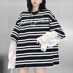 Striped patchwork lace sleeve T-shirt (ME372)