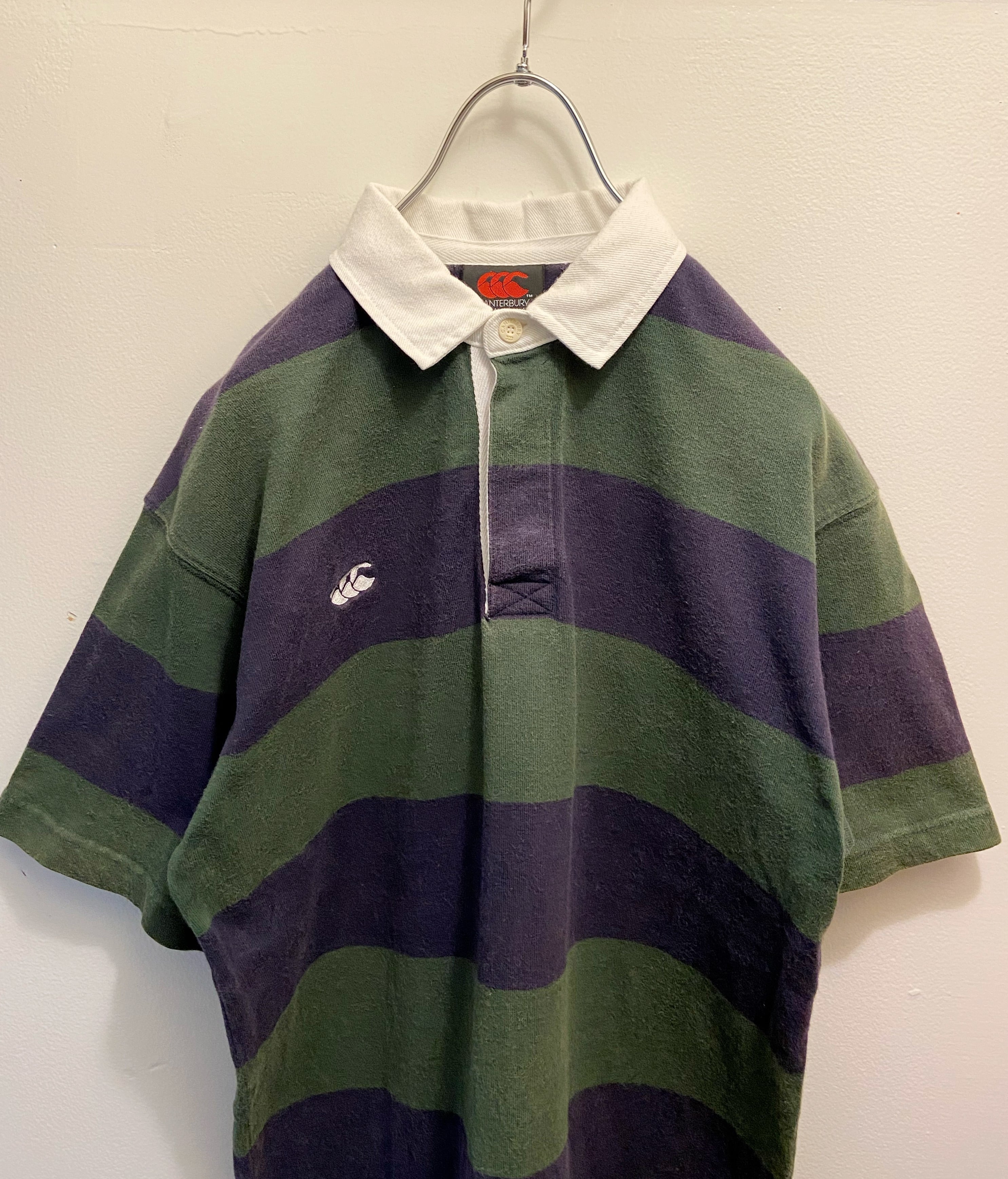90s 古着 CANTERBURY/カンタベリー 半袖ラガーシャツ 刺繍ロゴ 深緑