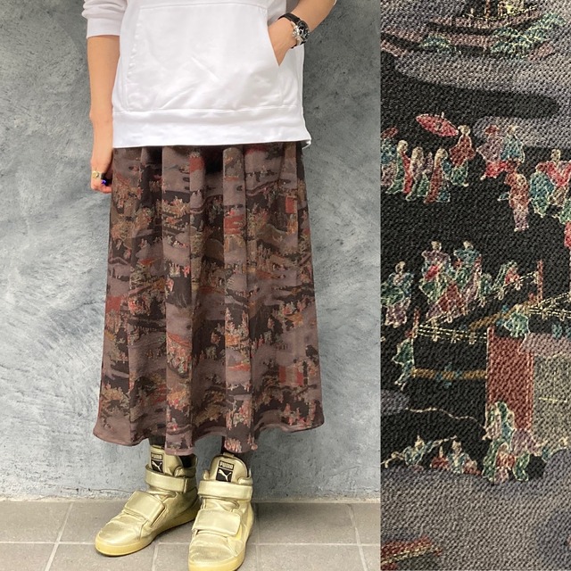 着物リメイクギャザーロングスカート - kimono elastic waist skirt