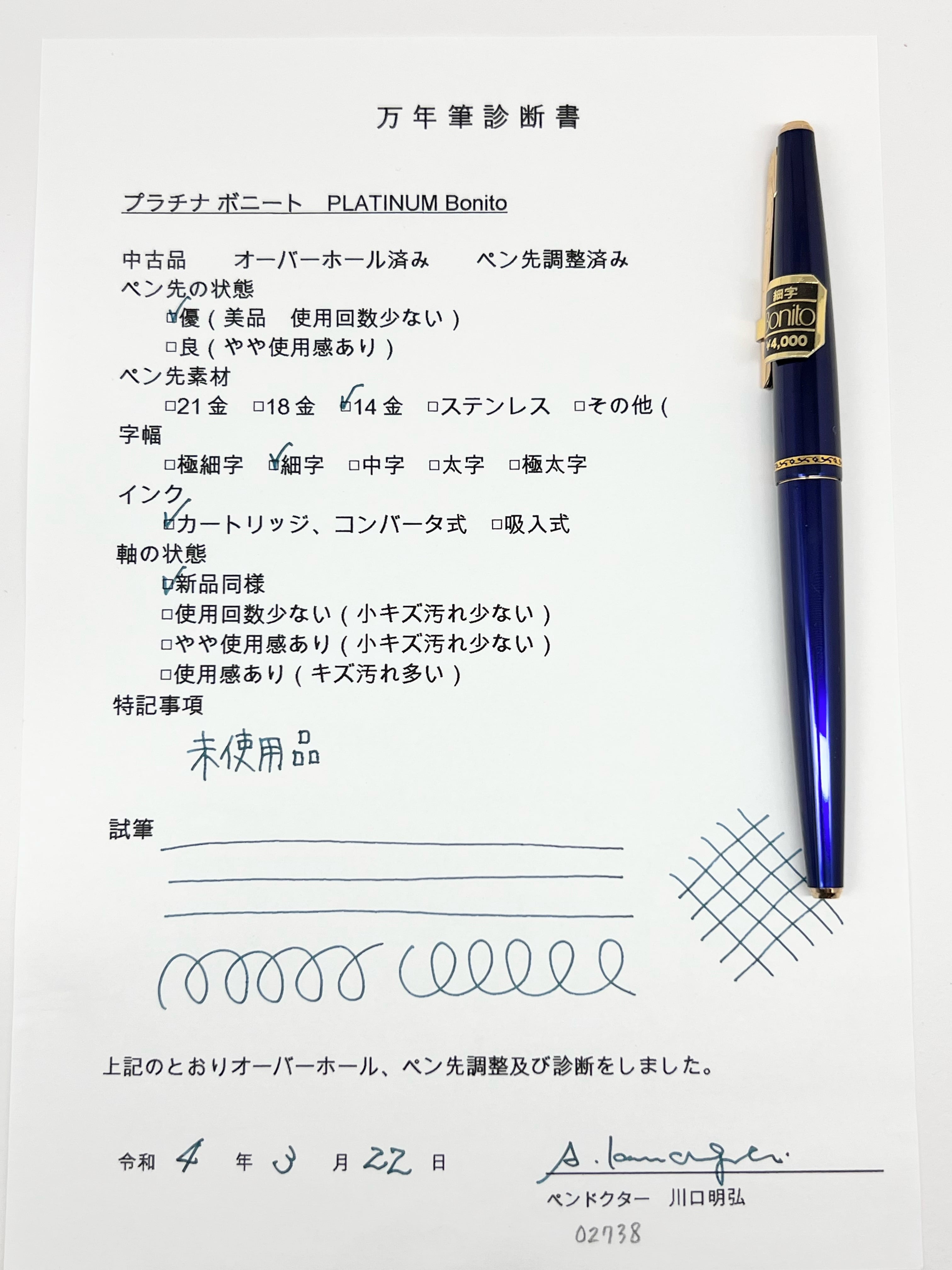 70s プラチナ ボニート 青 PLATINUM Bonito （細字） 14K 02738 | 川口