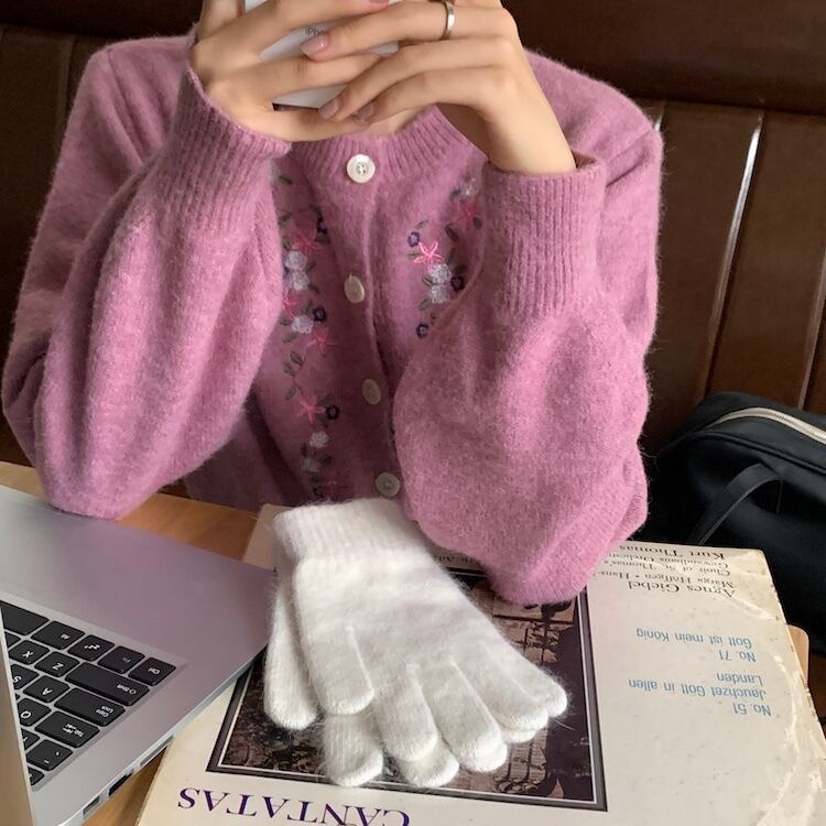 ニットカーディガンセーター スプリングオータムルーズ長袖スリーブ ロング レッド 刺繍 春物 秋物 ビッグFスモールZ韓国94981816631