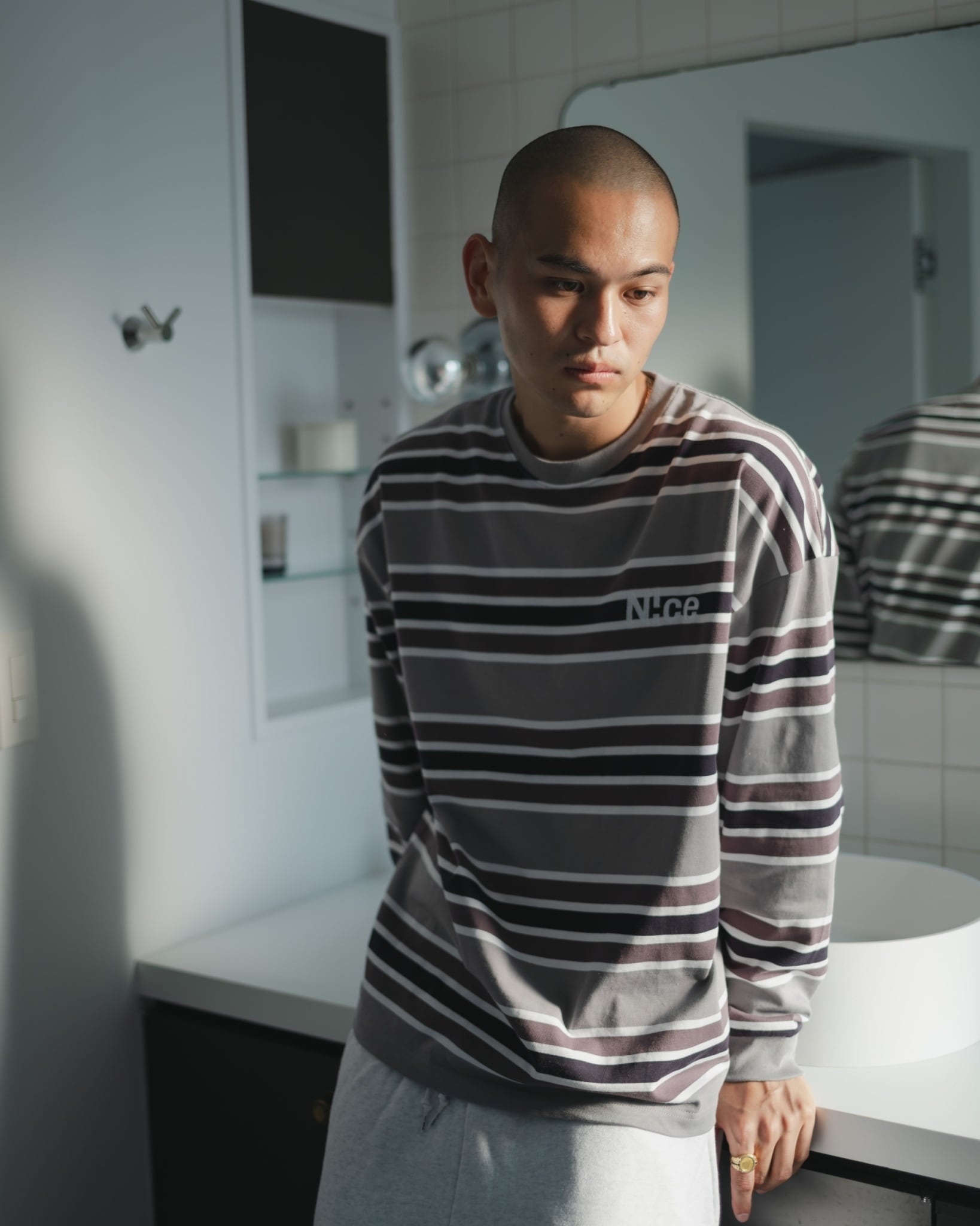 N!ce border long sleeve tee (GREY) | N!ce shop