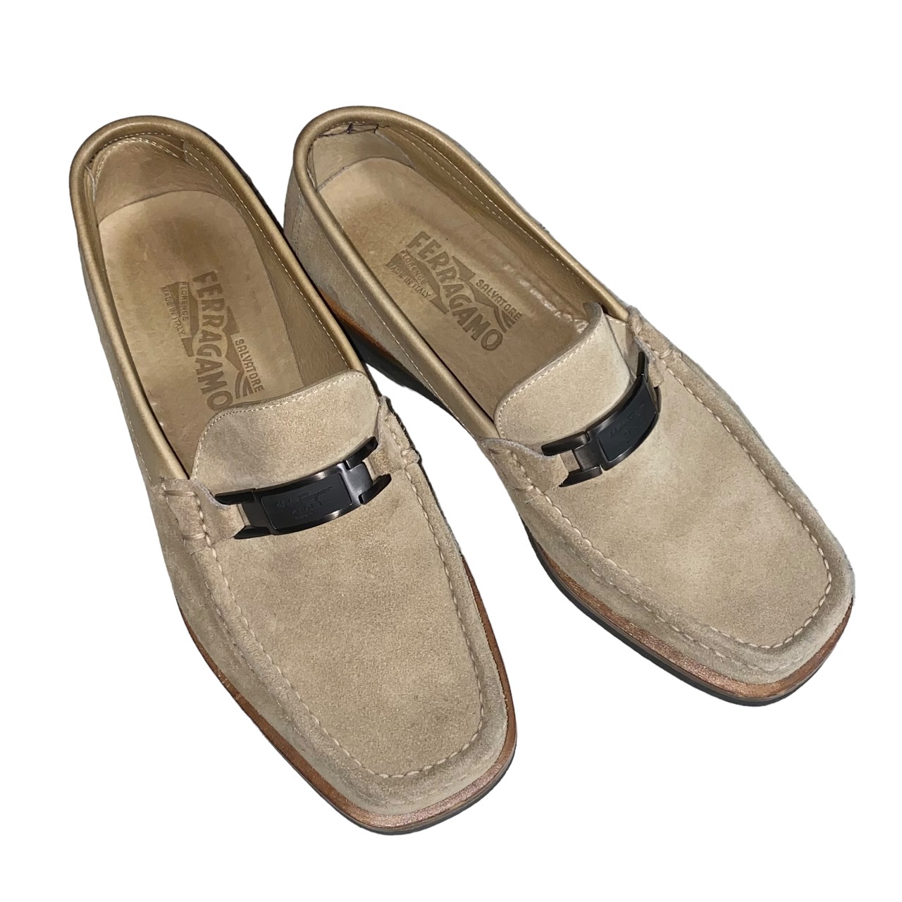 SALVATORE FERRAGAMO ivory suede bit loafers