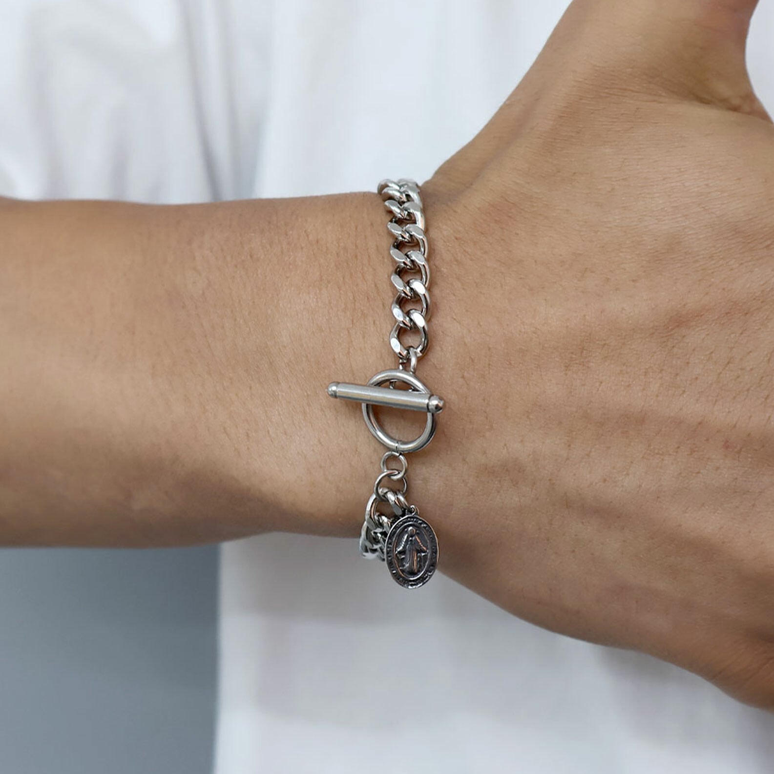 【SELECT】unisex サージカルステンレス 316L マンテル　オーバルコイン　チェーンブレスレット　金属アレルギー対応