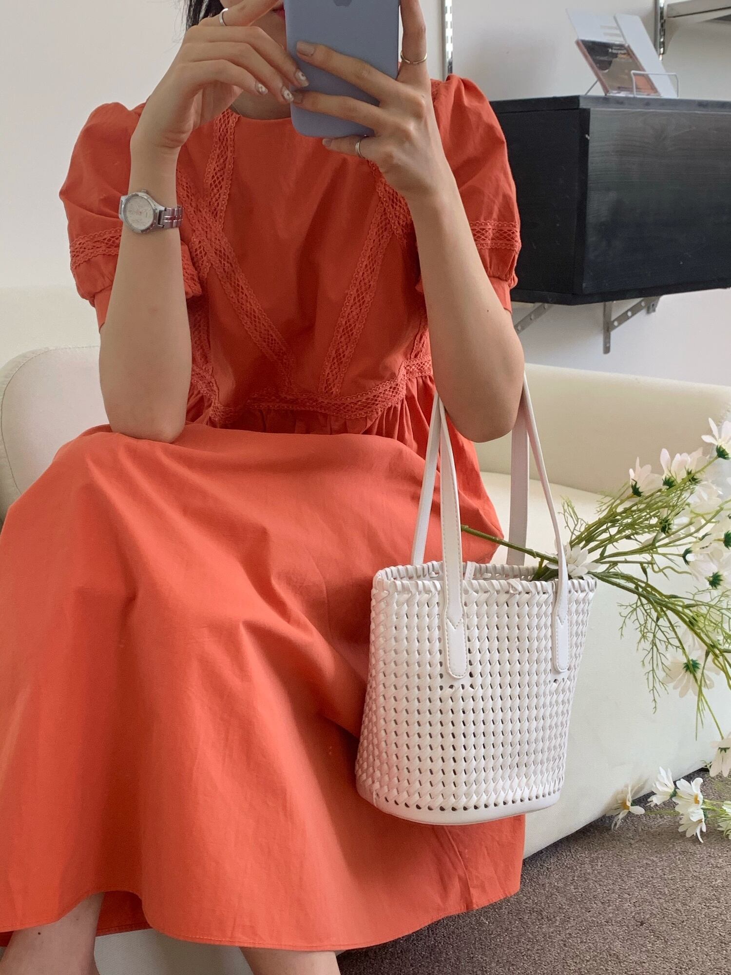 スリーブラウンドネックAラインスカート ドレス サマールーズ薄手レースロング 夏物 Oネック ステッチ ビッグFスモールZ韓国47922450574