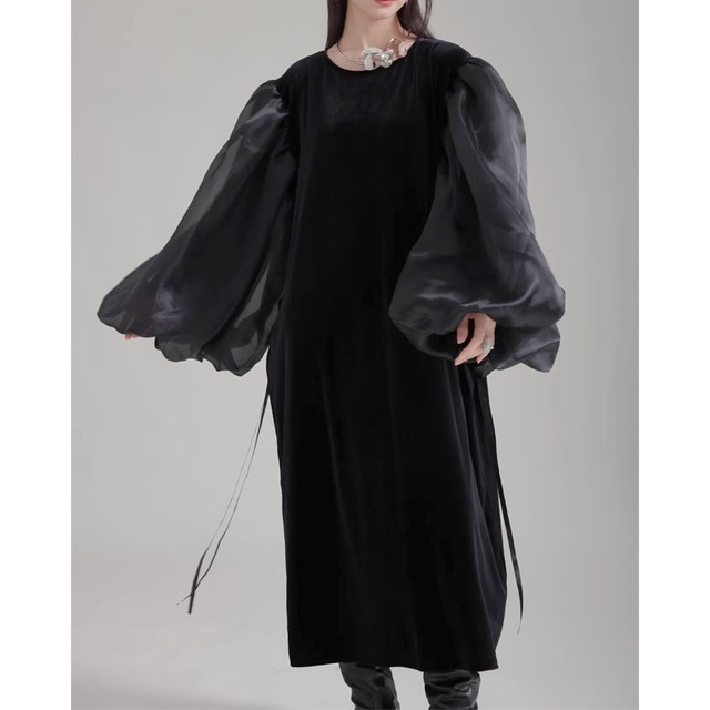 Organ balloon sleeve long maxi dress C0936