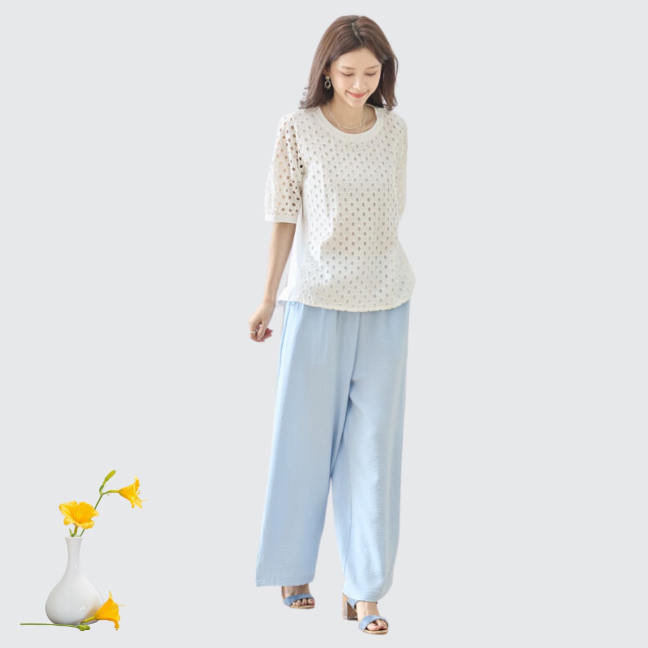 TRUBE 2ポケットギャザーワイドパンツ【M~L】スカイブルー