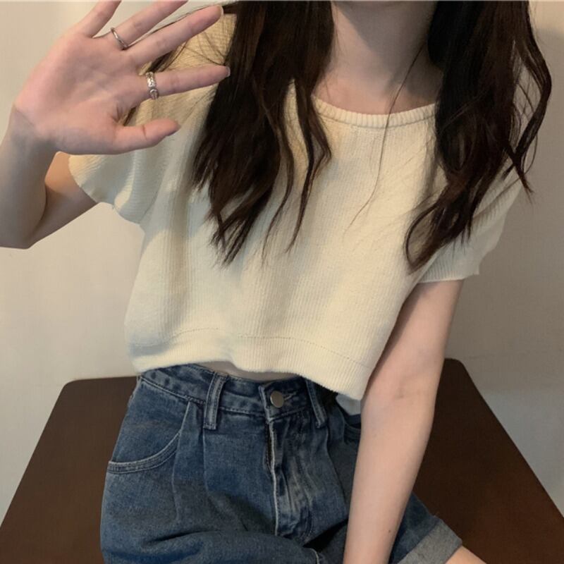 サマースタイルラウンドネックショートルーズ薄手クロップドニットブラウス レディース 夏物 Oネック ハンチェンe4609239623