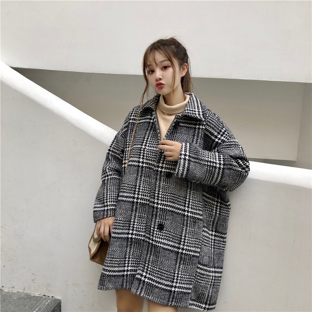 チェックコート グレー 韓国ファッション レディース コート チェック 