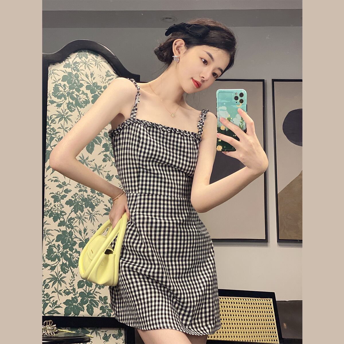 スタンダードウェスト格子柄スカート ドレス サマー薄手 レトロ 夏物 萌量不足38655558198