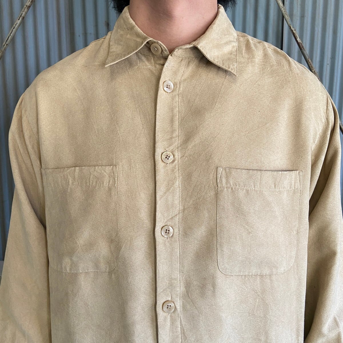 古着 ビンテージ 80s 長袖 シャツ 刺繍 フェイク スエード シャツ 美品 COVINGTON 長袖 フェイクスエードシャツ メンズXL相当 古着 ベージュ