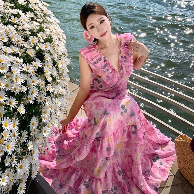 予約販売】ワンピース ロング丈 レディース ピンク 花柄 フレア