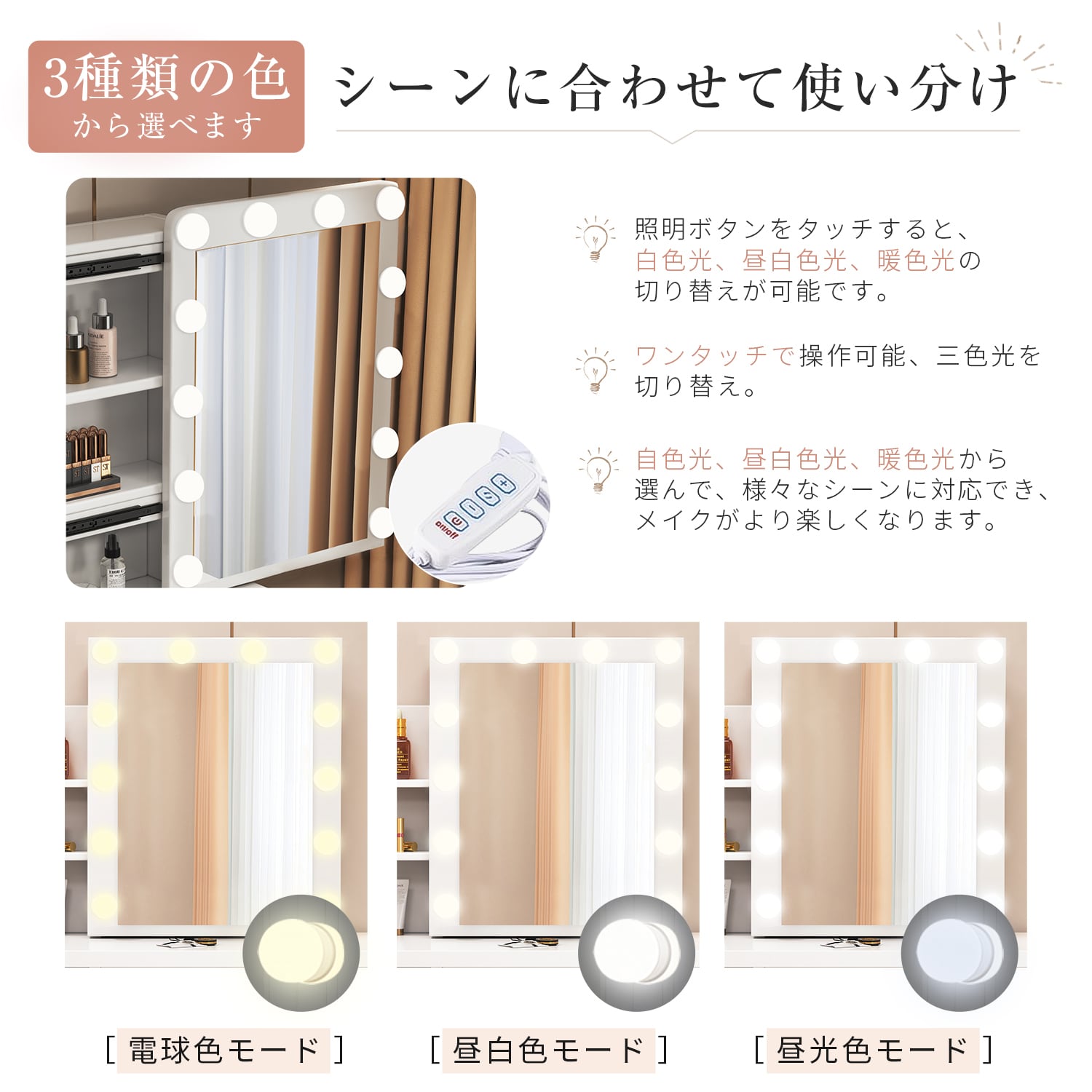 ドレッサー コンパクト 高輝度12灯LED 10段階明るさ調整可能 3色LED