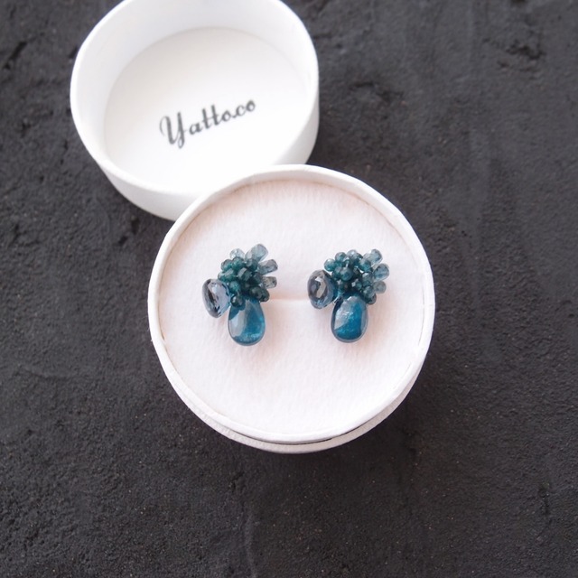 【天然石刺繍／ピアス】Peacock Blue Kyanite × London blue topaz × Jade Earrings