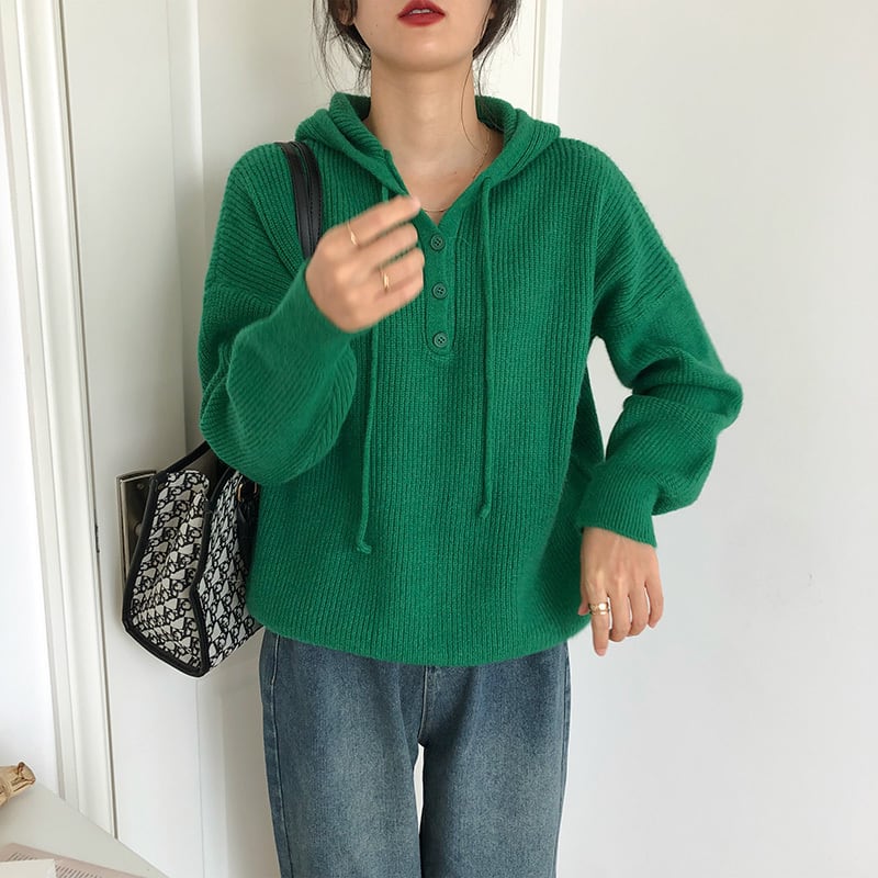 tops】目立つ！カジュアルフード付きニットセーター6色質感のいい