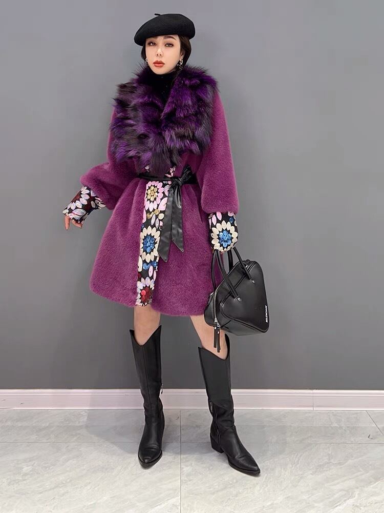 コート 紫 花柄 マダム エレガント ゴージャス ファーコート 毛皮