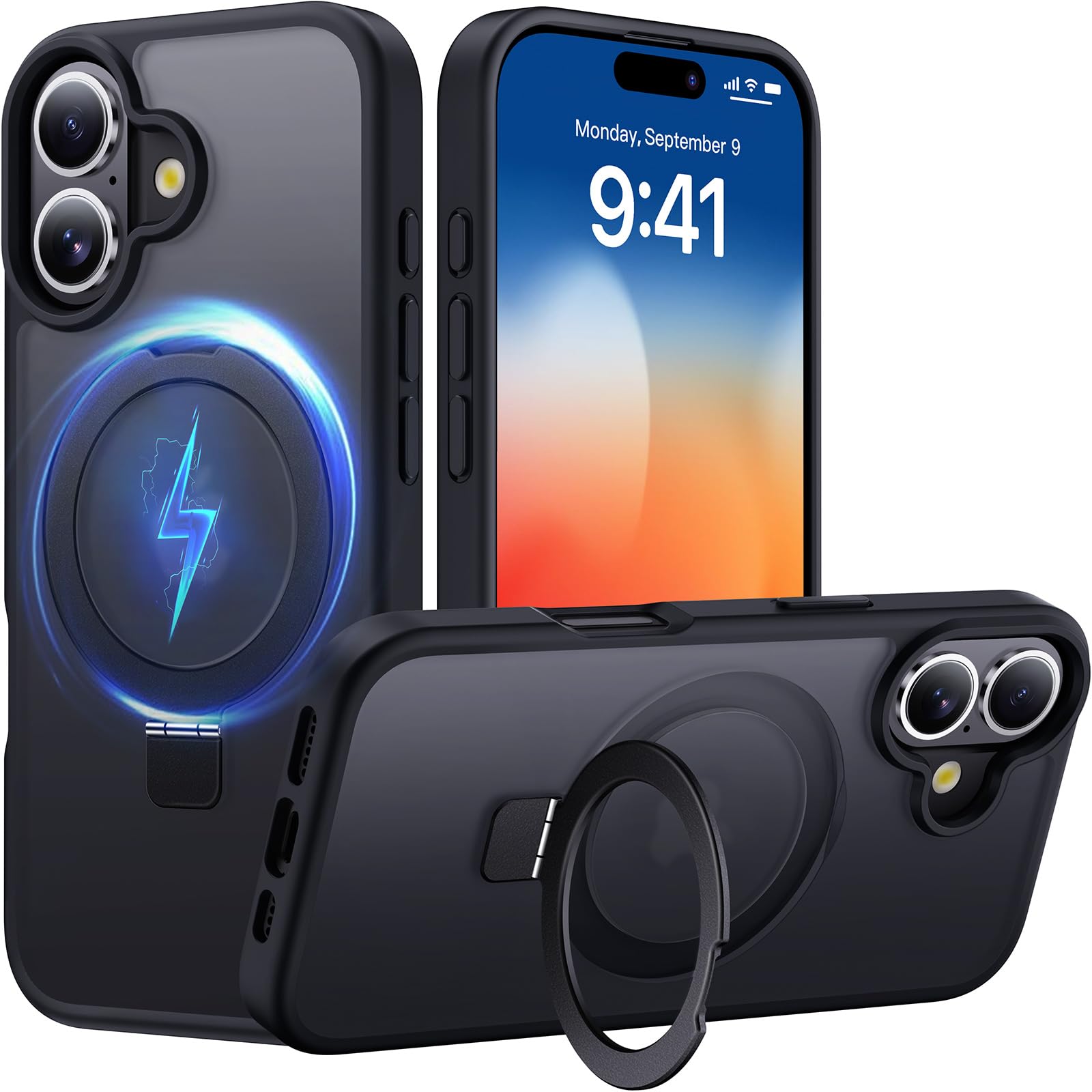 Aunote 対応 iPhone17ケース【横縦両立しスタンド】米軍MIL規格 MagSafe対応 半透明マット 高耐久性 指紋防止 耐衝撃 強磁力リング スマホケース アイホン17ケース ブラック