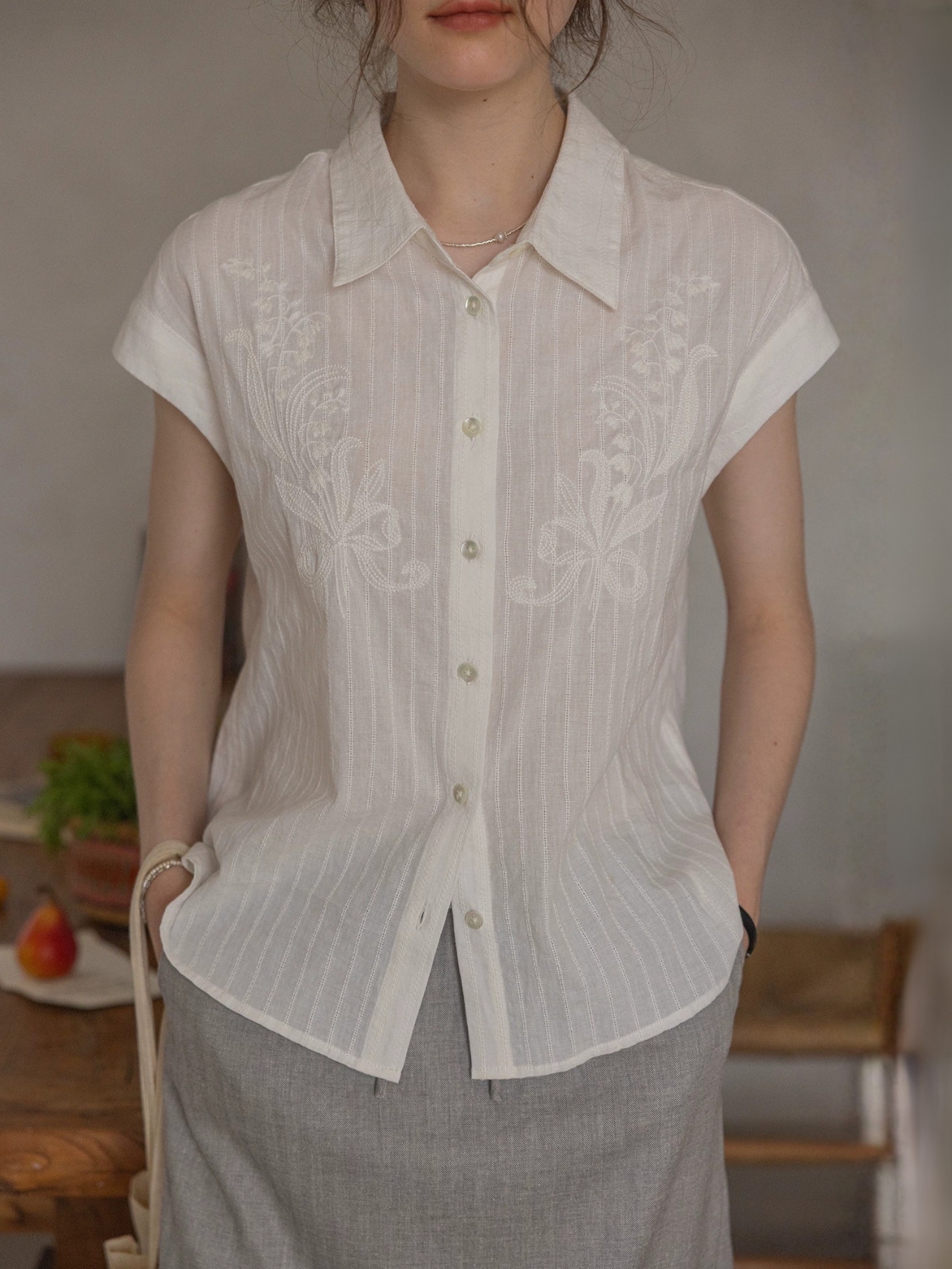 Muguet Embroidered French Sleeve Blouse F0733