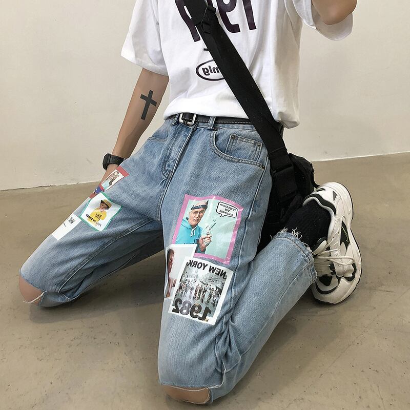 全1色 デニム パンツ ストレート カジュアル プリント