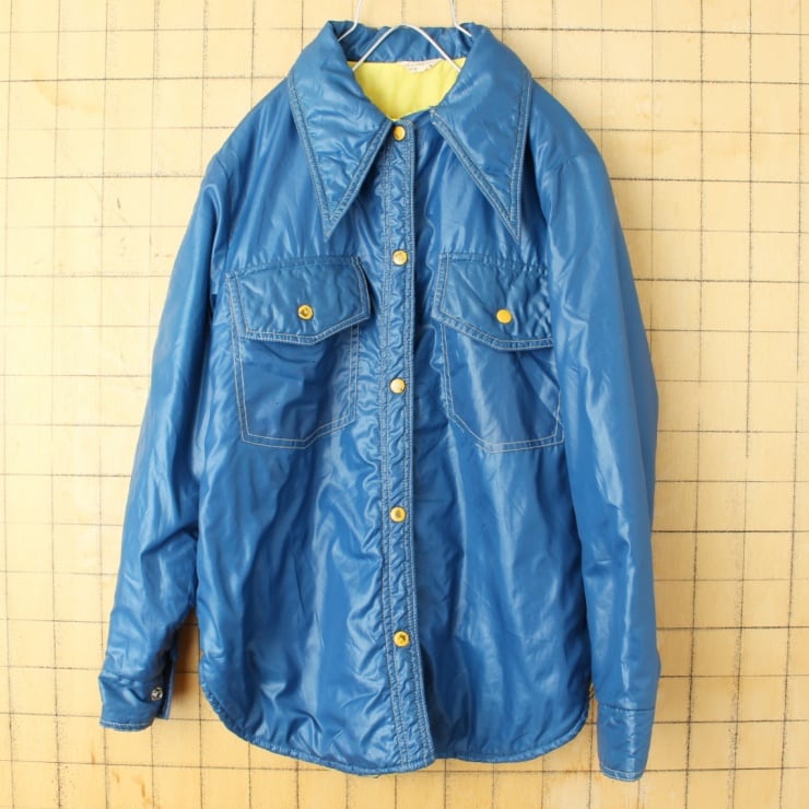 70s 80s USA 中綿 ナイロン シャツ ジャケット ネイビー ブルー レディースM メンズS相当 アメリカ古着　080923aw221
