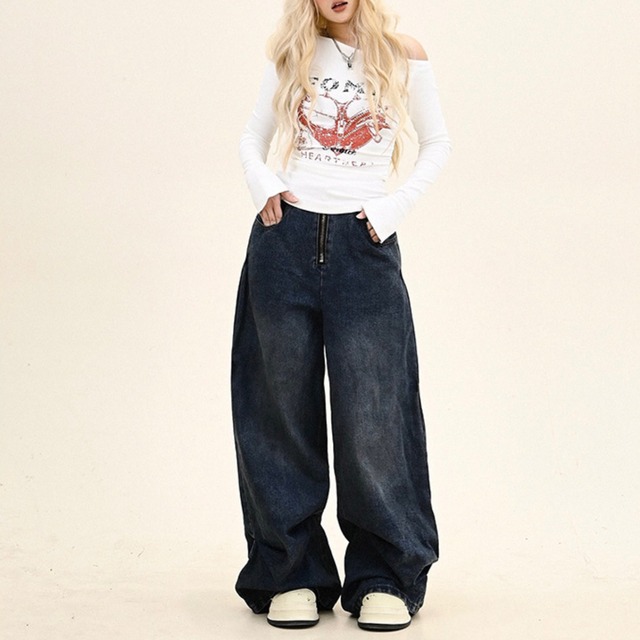 front zipper baggy denim　フロントジッパーバギーデニム　J0657