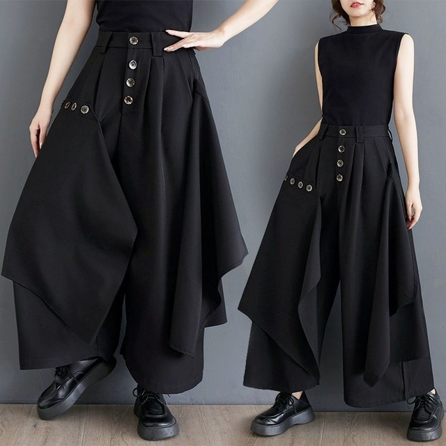 BLACK HIGH WAIST A-LINE LAYERED WIDE LEG PANTS 1color M-9630