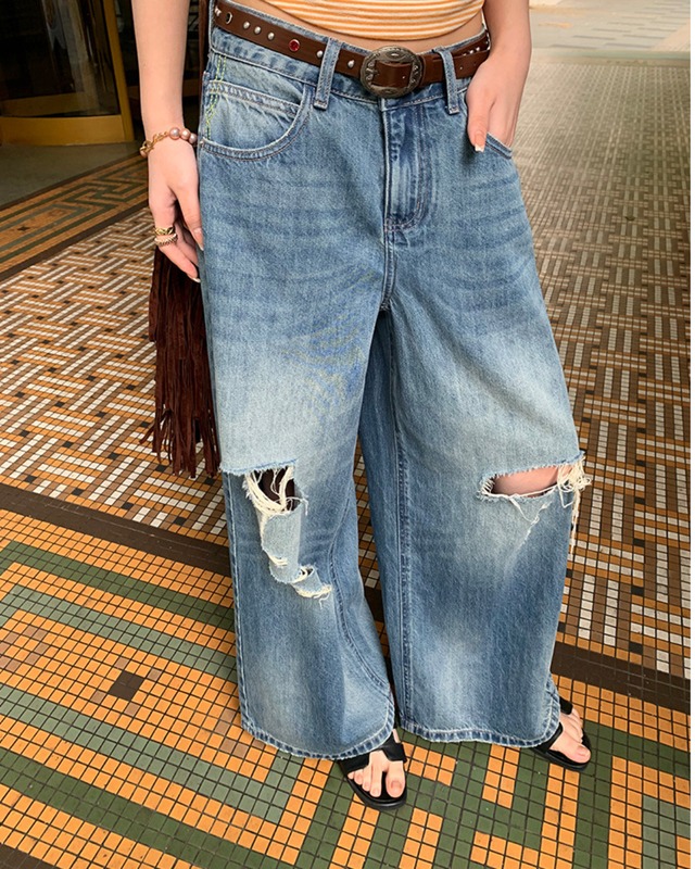 Distressed Wide Leg Denim Pants　P0006