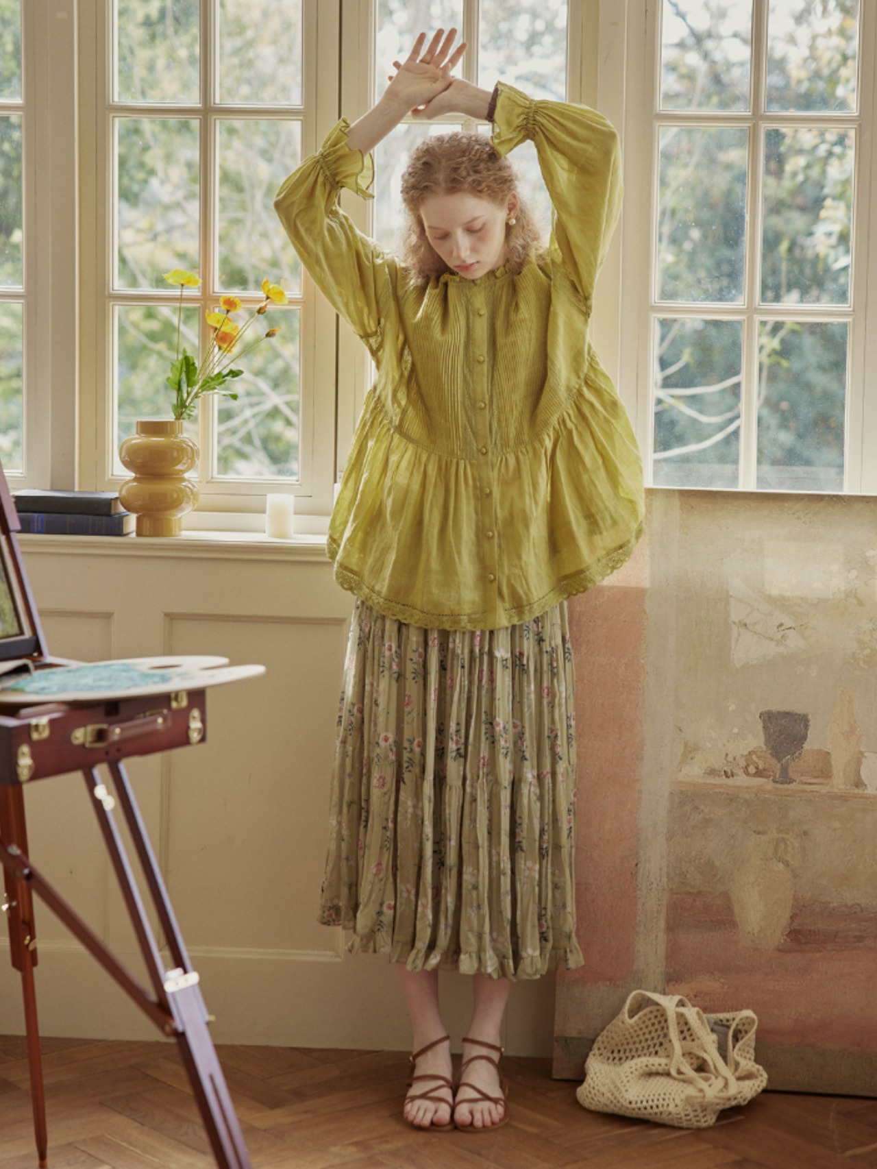 Olivier Linen Pintuck Lace Blouse F0691