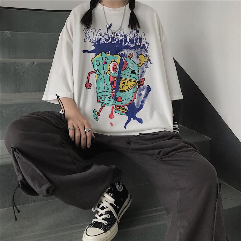 送料無料】KOREA ダークプリントルーズTシャツ トップス レディース