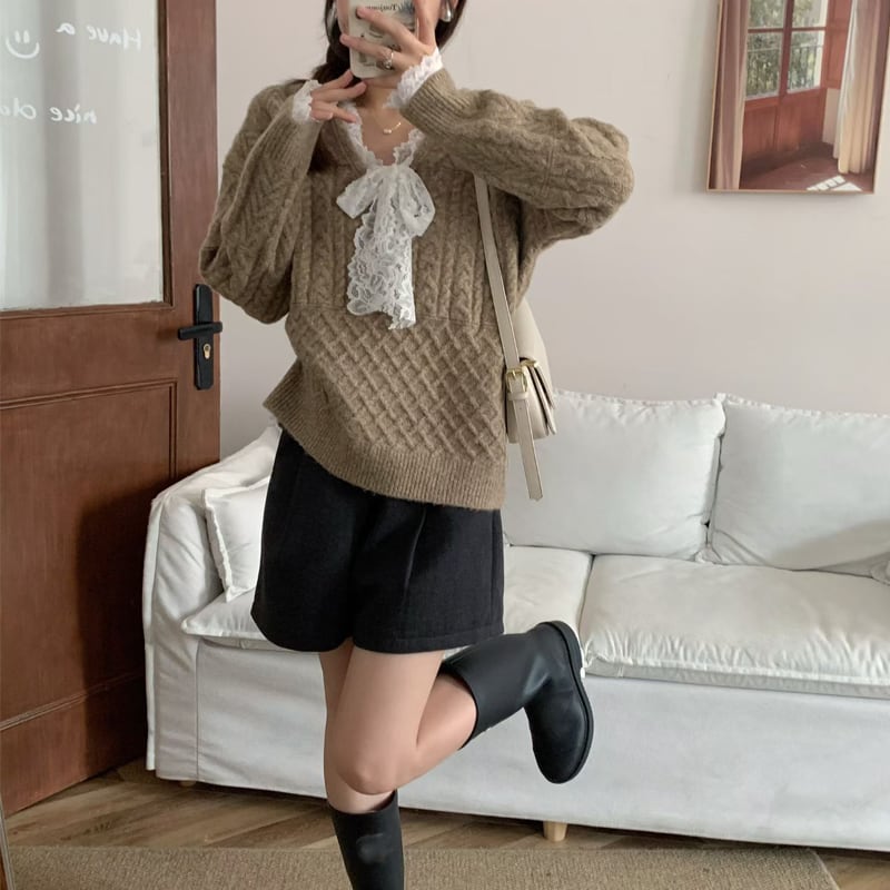 【tops】レースドッキングニットトップス Q7681