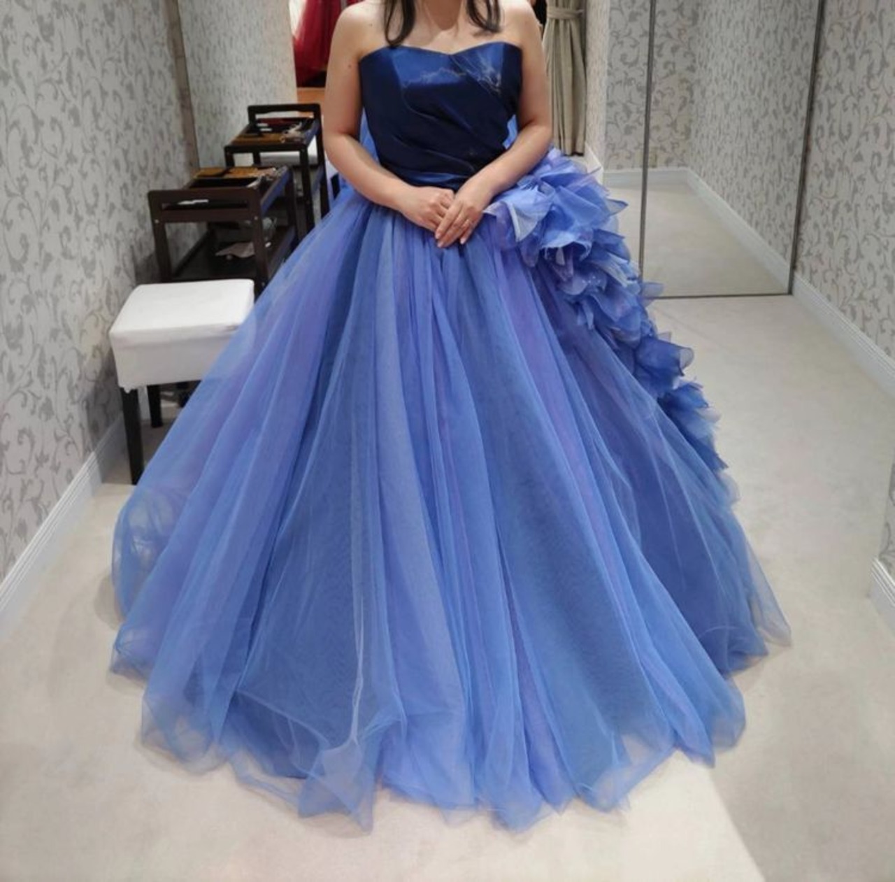 カラードレス 青/ブルー 取り外しオフショルダー ベアトップ 結婚式  