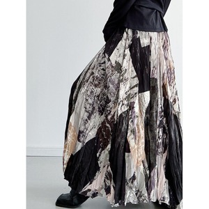 Monochrome Art Pleated Long Skirt / モノクロ アート プリーツ ロング スカート