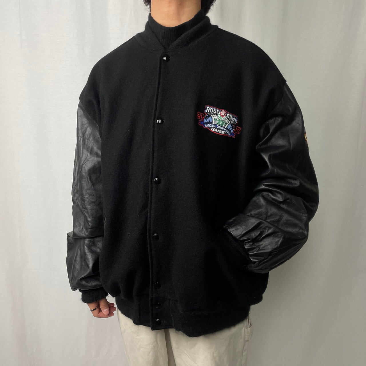 USA製】00s LRG刺繍ビッグロゴ袖レザー肉厚スタジャンB系HIPHOP 【公式