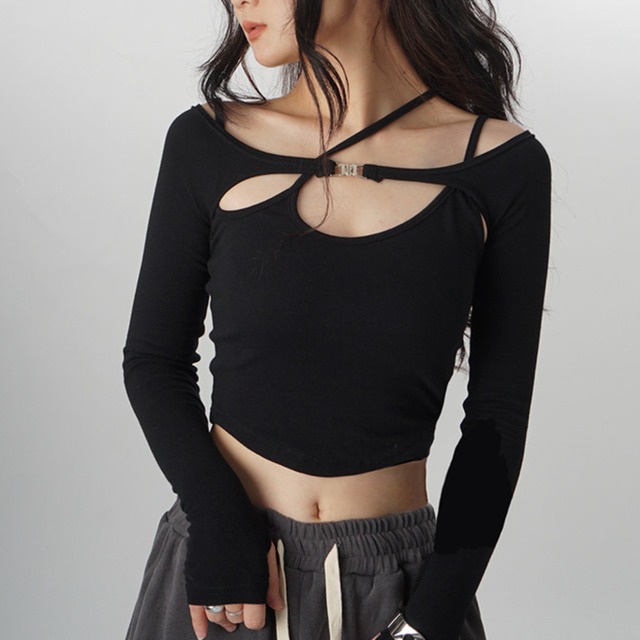 strap accent long sleeve cropped cutsew la2771