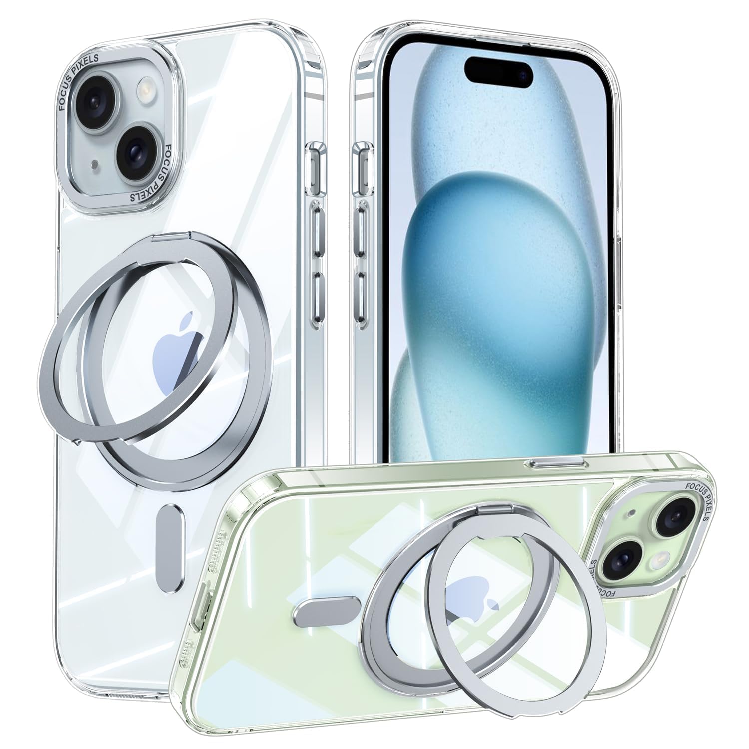 iPhone 15 用 ケース Magsafe対応 360°回転スタンド Uovon ワイヤレス充電 ストラップ穴付き・クリア