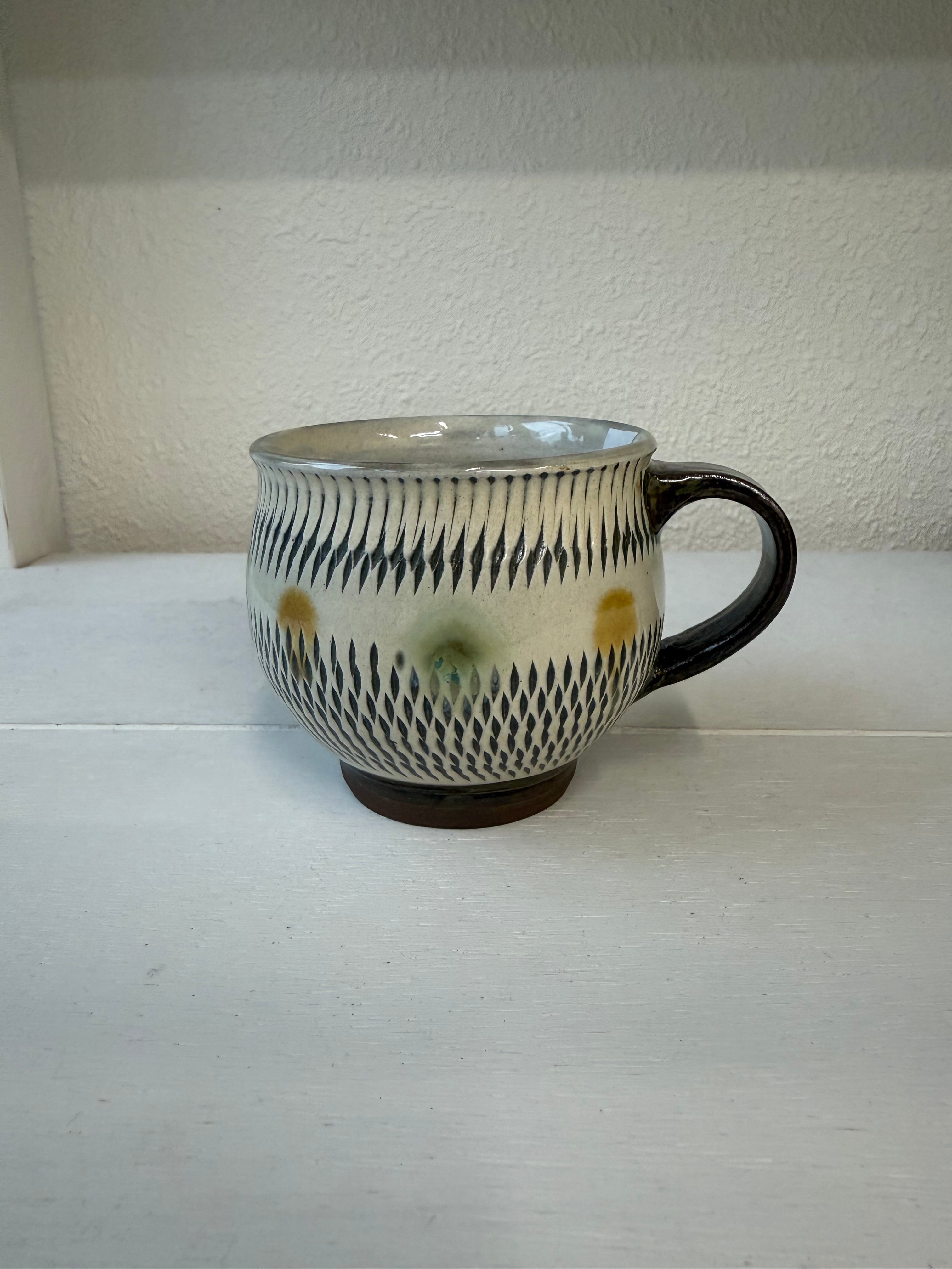 小鹿田焼 小袋道明窯 コーヒーカップ 白 飛び鉋/赤青ドット