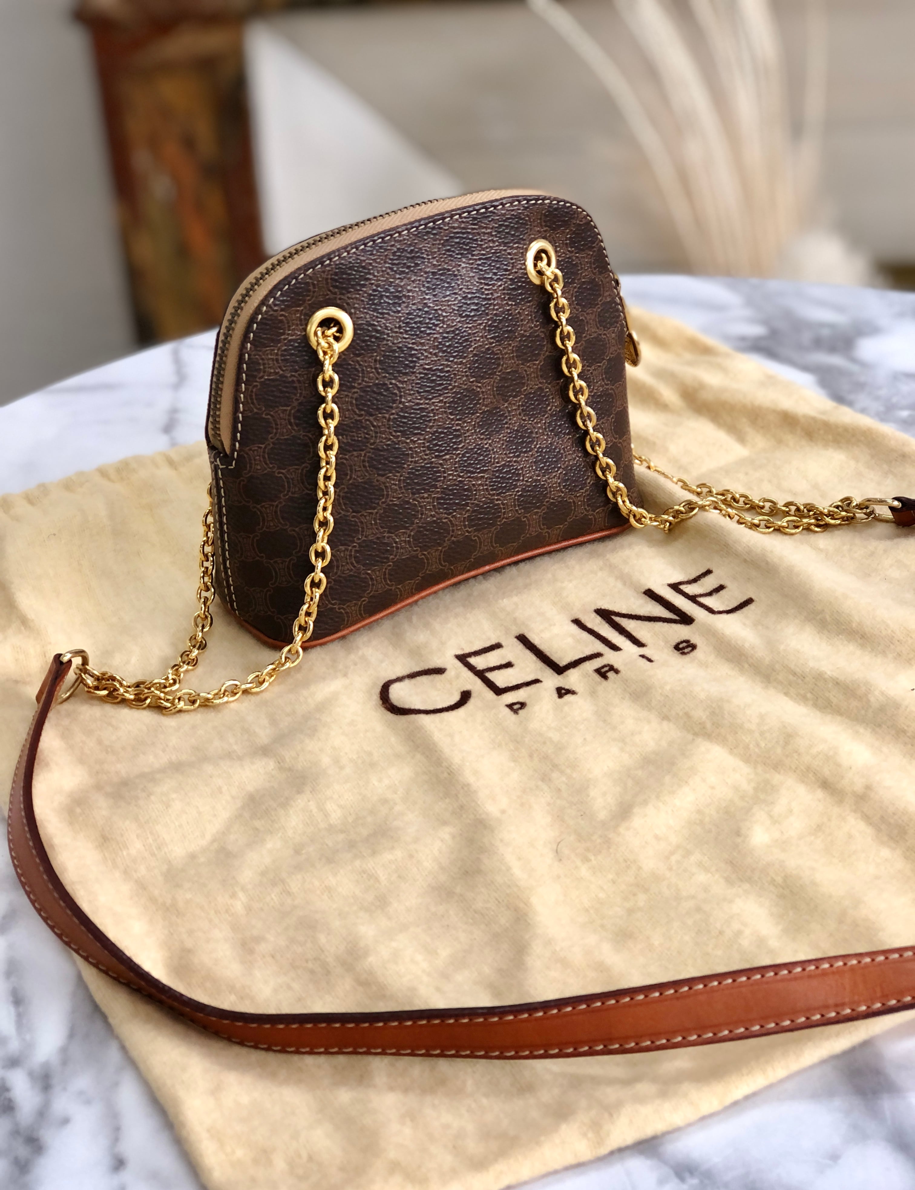 CELINE セリーヌ　マカダム　PVC×レザー　ミニバッグ　チェーン　ポシェット　クロスボディ　ショルダーバッグ　ブラウン　vintage　 ヴィンテージ　オールドセリーヌ　sjs8e3 | VintageShop solo powered by BASE