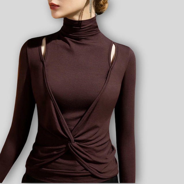 ハイネック ショルダーカット ツイスト スリム トップス 3col D00532