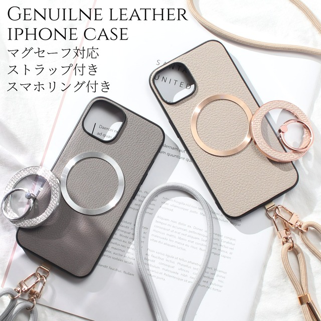 iphoneケース レザー リング付き iphone17 iphone16 iphone15 iphone14 ショルダー ストラップ 本革 17 16 15 14 13 mini マグセーフ magsafe スマホリング へび柄 パイソン柄 ゴートレザー 17pro 16pro 15pro リング ストラップ付き 肩掛け スタンド メタリック 送料無料
