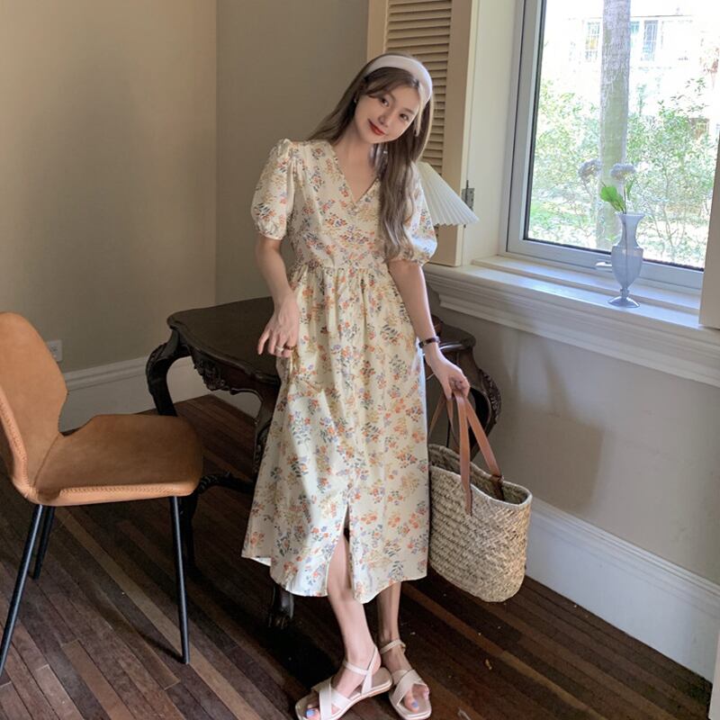 スリーブフローラルドレス サマーウェストロングスカート 夏物 花柄 スーパーモール18643452934